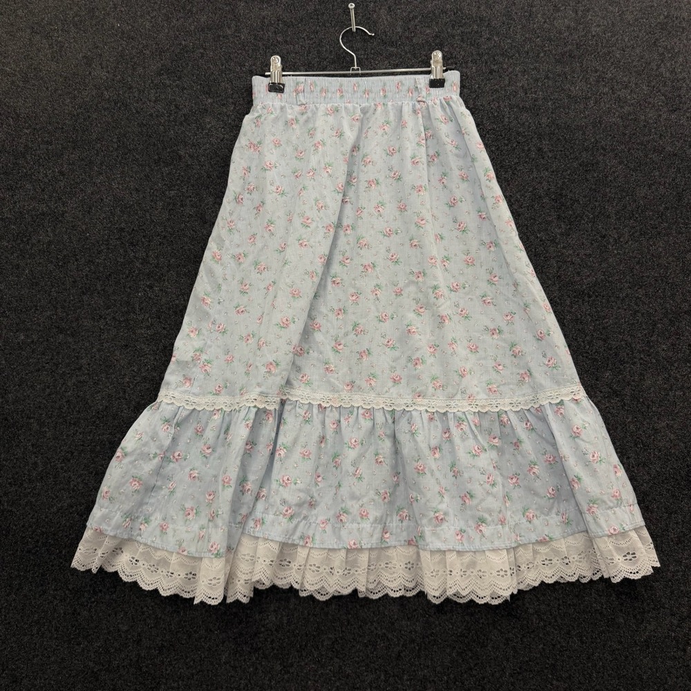 Vintage Marilyn Togs Blue Floral Lace Trim Maxi Skirt Cottagecore Ruffle Labeled